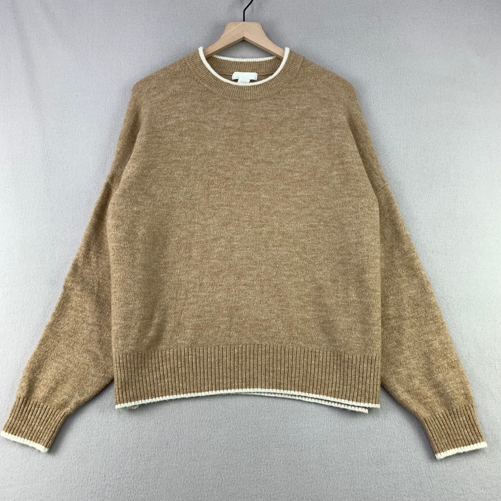 H&M Crewneck Sweater Women‎ XL Tan Knit Pullover Minimalist Neutral Stretch